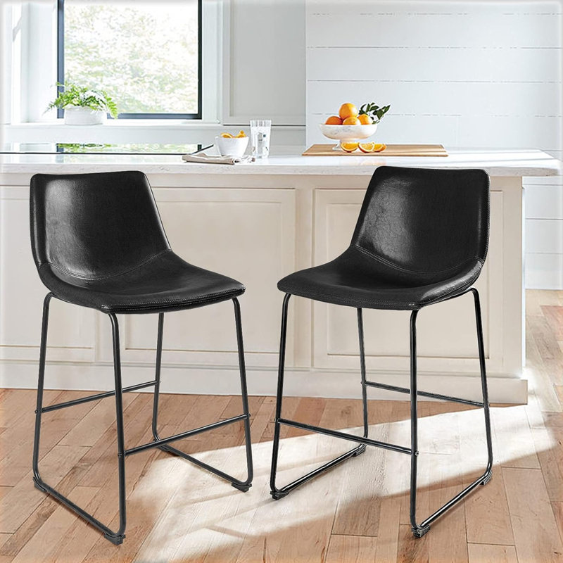 26 inch Bar Stools Set of 2, Modern Counter Height Bar Stools, Faux Leather Barstool with Back and Metal Leg, Armless Bar Chairs for Kitchen Island