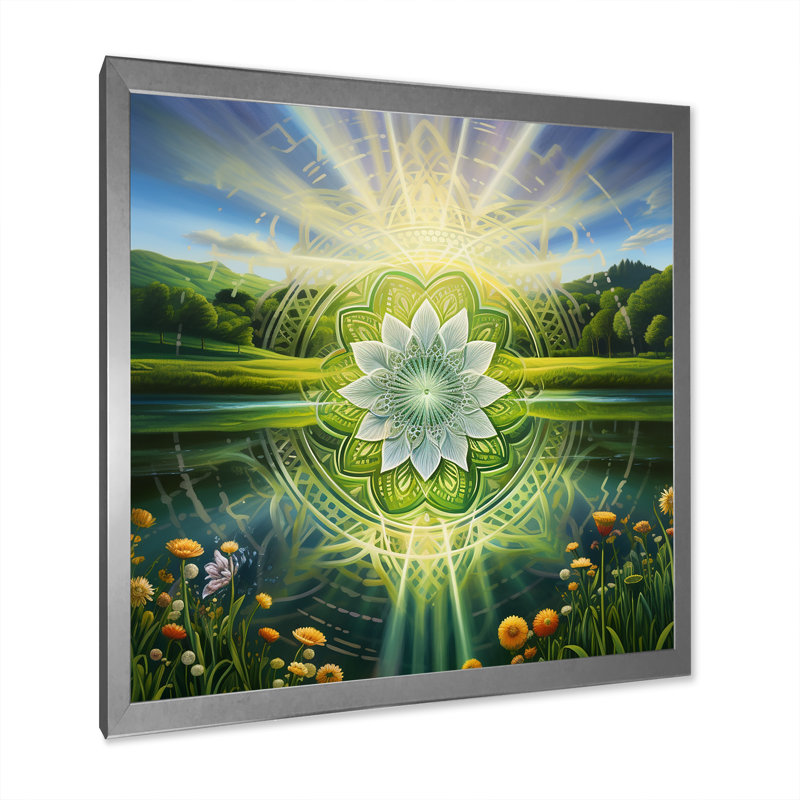 Mandala lumineux brillant dans un paysage de paradis I - impression, H 30 po x l 30 po x P 1 po, Cadre simple argenté