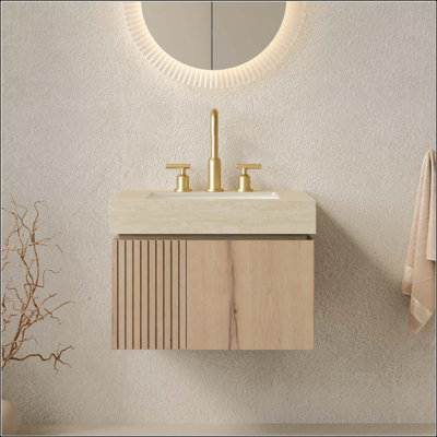 Meuble-lavabo de salle de bain, meuble de rangement flottant en contreplaqué avec 2 portes, comptoir en pierre frittée et lavabo en céramique avec 3 trous de robinet pré-percés, pré-assemblé
