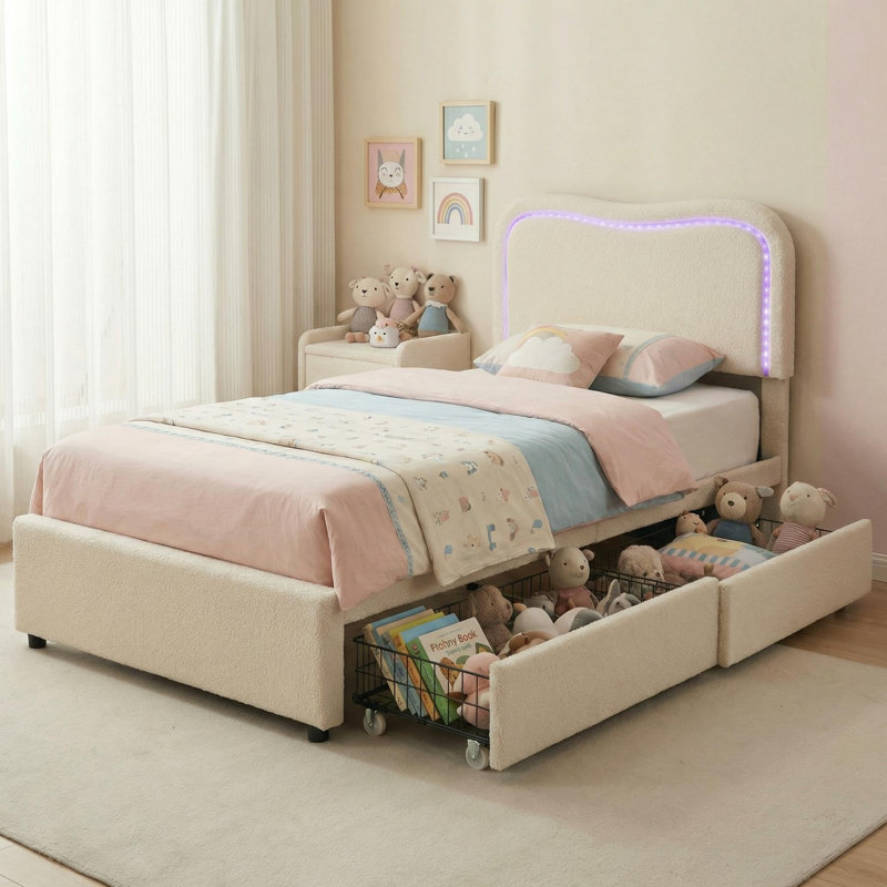Twin Size Boucle Bed Frame Upholstered Platform with 2 Storage Drawers & LED Headboard, Solid Wood Slats Support for Kids, Beige