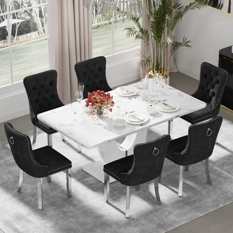 Ensemble de table de salle à manger rectangulaire, Noir, noir, noir, noir, 7, Blanc / argenté