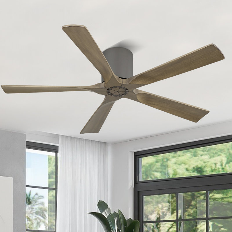 52 In. 5 Solid Wood Blades Indoor Flush Mount Ceiling Fan Without Light, Charcoal Gray with Brown Blades
