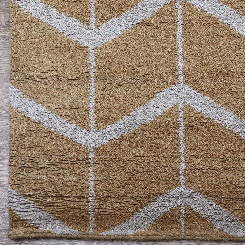 Or | Tapis d'intérieur beige géométrique en laine noué à la main, Rectangulaire 8 pi x 10 pi