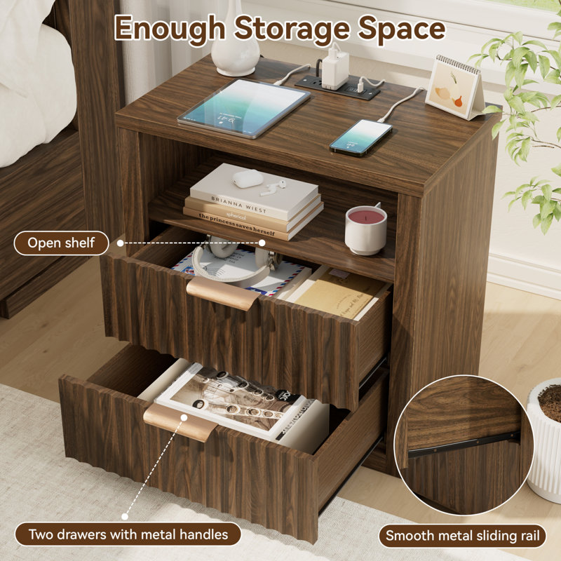 2-Drawer Nightstand with Charging Station, 23.6" Wood Bedside Table, Individual, Walnut