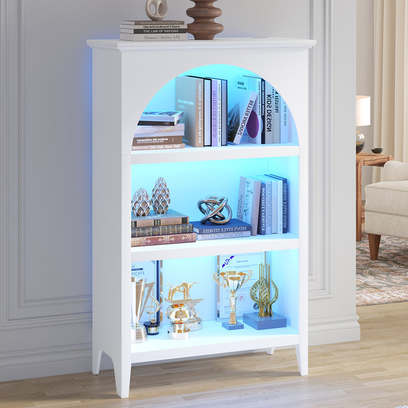 Bibliothèque en bois H 47,48 "x l 29,53" avec lumières tricolores à DEL, capteur de mouvement et station de charge USB, Blanc