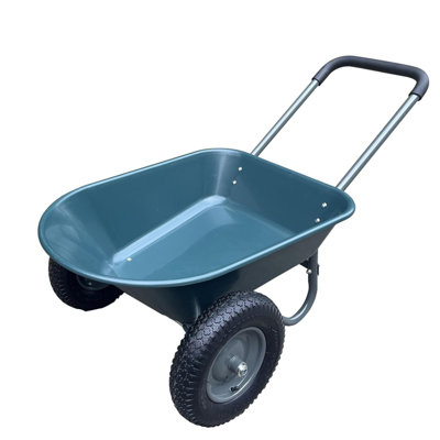 Dual-Wheel Garden Wheelbarrow Cart with Steel Tray & Built-In Stand, Green Utility Yard Cart with Pneumatic Tires, 48.82 x 25.98 x 24.61 in