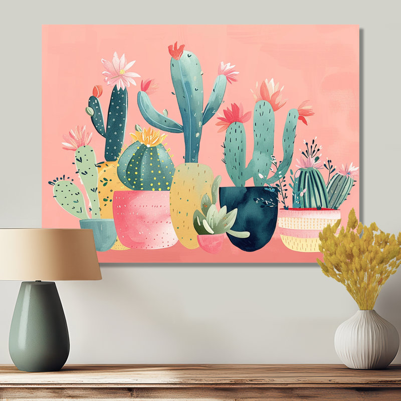 «Cactus Potting Garden Arrangements», impression d'art mural cactus floral, Cadre flottant brun, 28" H x 60" W