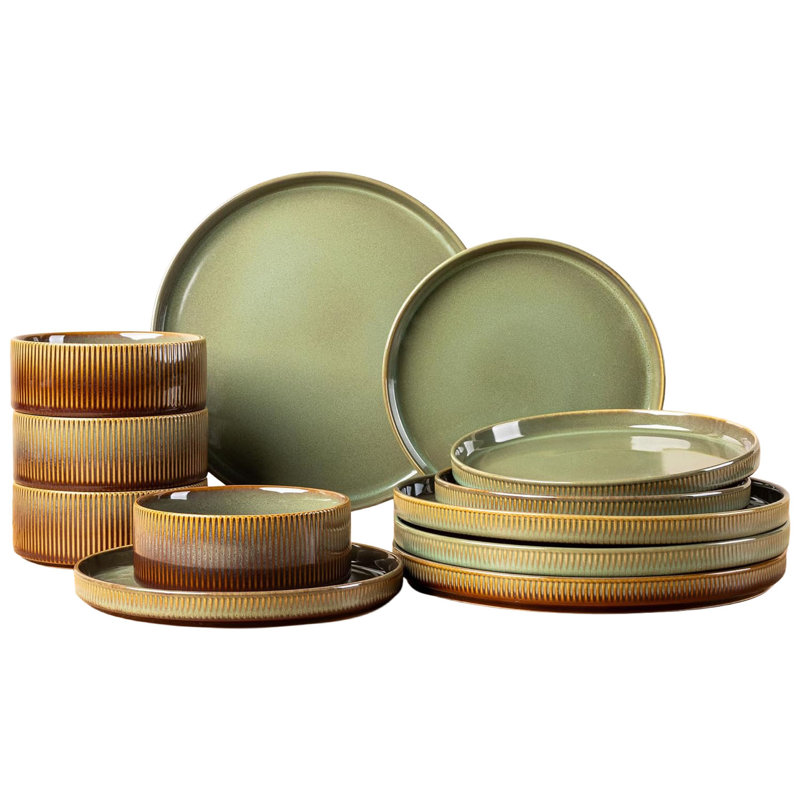  Ensemble de 12 assiettes et bols en porcelaine 12 pièces, vaisselle en céramique pour 4 personnes, ensemble de vaisselle résistant aux égratignures, va au micro-ondes et au lave-vaisselle, terre d'ombre