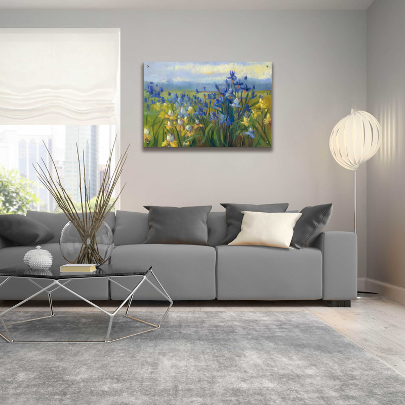 "Champ de fleurs bleues et jaunes V2" par Carol Rowan, H 24 po x l 36 po x P 0,2 po