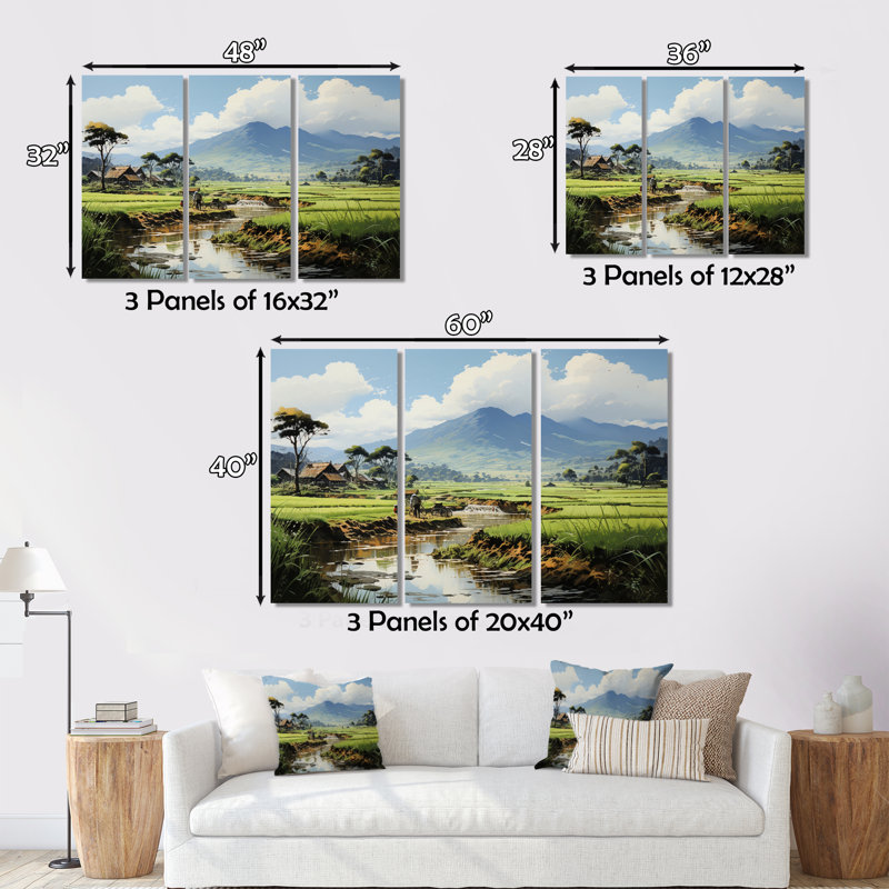 Vietnam, riz doré, champs sur toile, reproduction de 3 pièces, H 28 po x l 36 po x P 1 po