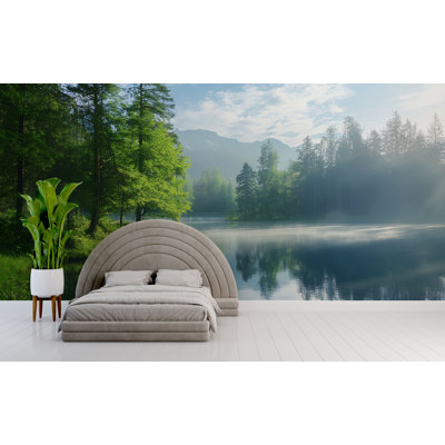 Murale forêt de lac - papier peint paysage naturel, art mural lac de montagne serein, décor de chambre à coucher forêt