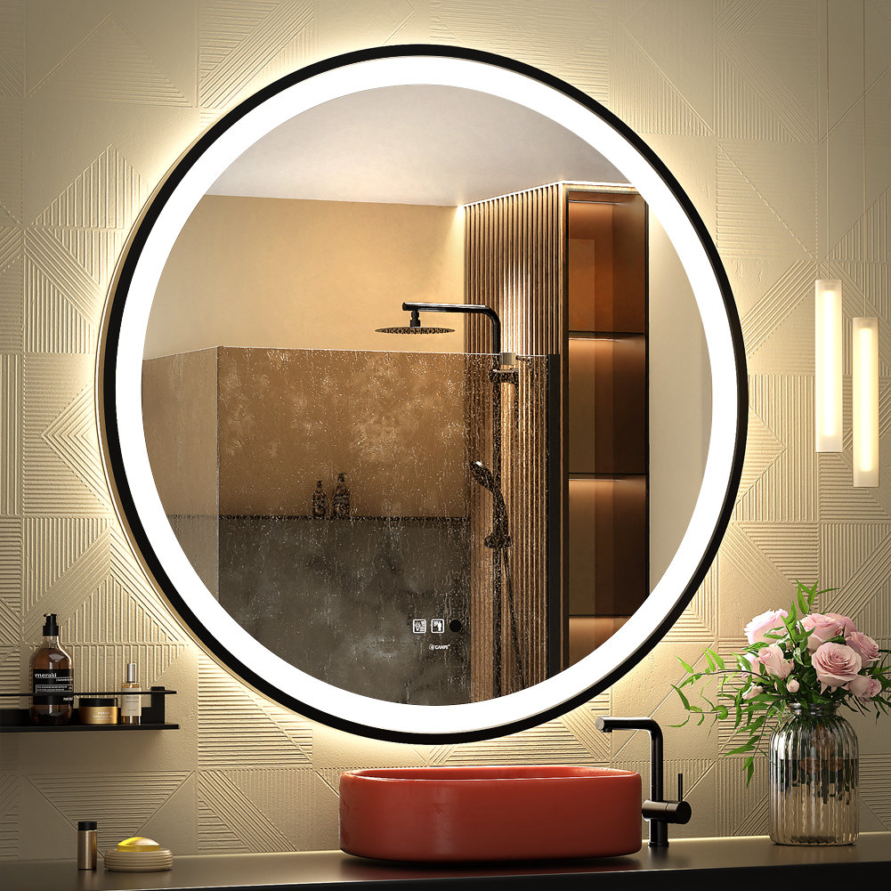 Ivy Bronx Balig Round Black Illuminated Dimmable LED Anti Fog Mirror