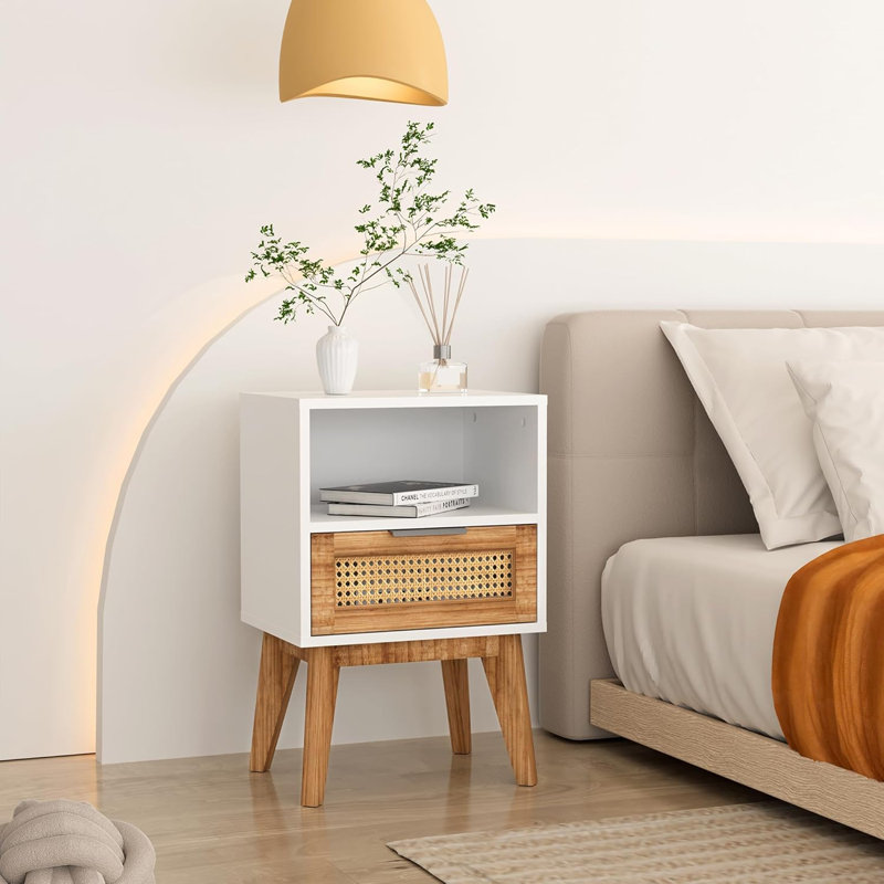Nightstand, Boho Side Table with Drawer Open Shelf