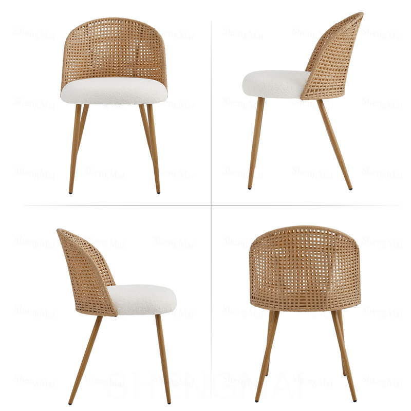 Table de salle à manger extensible en bois massif + chaises de salle à manger en osier brun 2 pièces de style médiéval bohémien avec coussins en éponge blanc doux