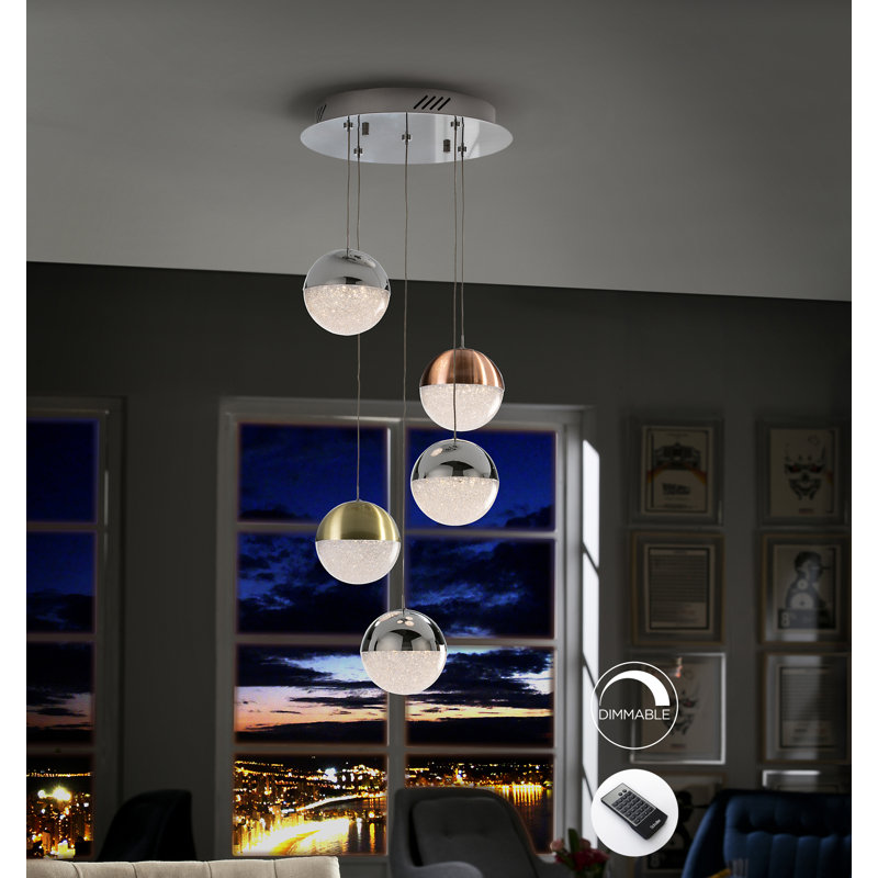 Nauvoo 5 - Light Copper/Satin Brass/Chrome LED Cluster Pendant, Copper/Satin Brass/Chrome, Clear, 50cm H x 33cm W x 22cm D