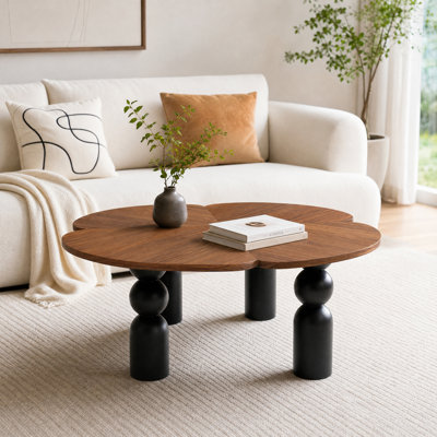 Rounded Coffee Table for Living Room, Modern Cloud Center Table with with Sculptural Black Geometric Legs, Mid-Century Walnut Wood Finish Cocktail Table for Living Room