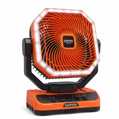 Orange Portable Camping Fan With 40000mAh Battery And Auto-Oscillating Design, ABS Construction With 5 Speeds, 3 LED Light Modes, 20-Foot Remote Control And 360-Degree Hanging Hook For Outdoor Tents