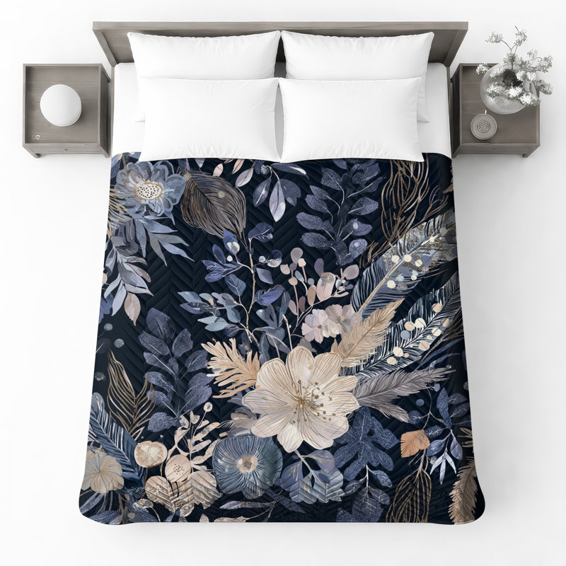 Couvre-lit matelassé à motif floral bleu marine toutes tailles, Grand lit