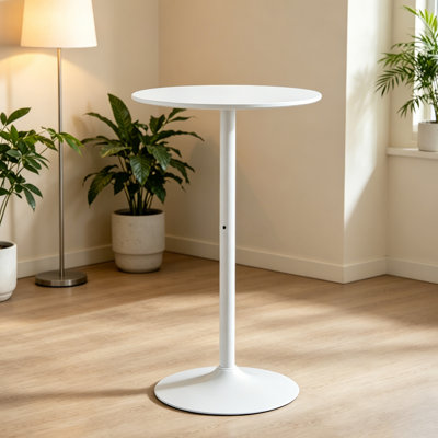 Table de bar ronde de 61 cm (24 po), table haute moderne de pub avec plateau en MDF et pied central en fer, table de travail/table basse, blanche