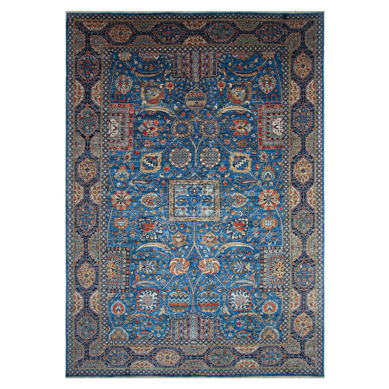 Tapis bleu et blanc noué à la main de haute qualité
