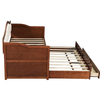 Twin Daybed With Trundle And 2 Storage Drawers, Button - Walnut Upholstered Back For Living Room Decor Shaded Comfortable
