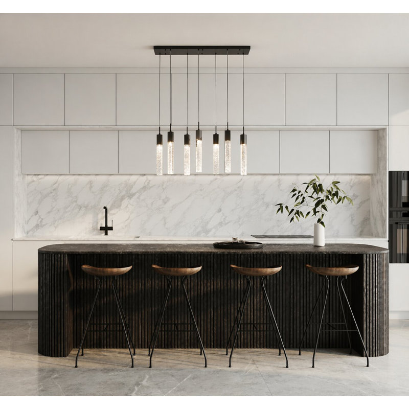 Lustre rectangulaire 7 lumières pour îlot de cuisine avec détails en cristal, Noir mat