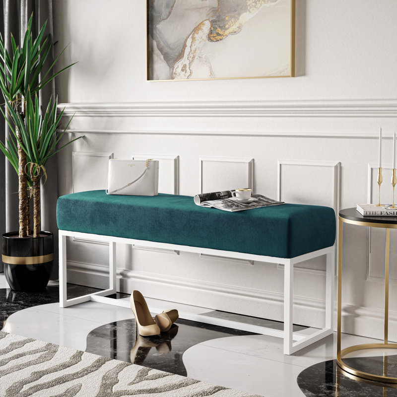 Leechburg Upholstered Bench - DISCONTINUED, 100 % Polyester Turquoise, 44cm H x 90cm W x 30cm D, White