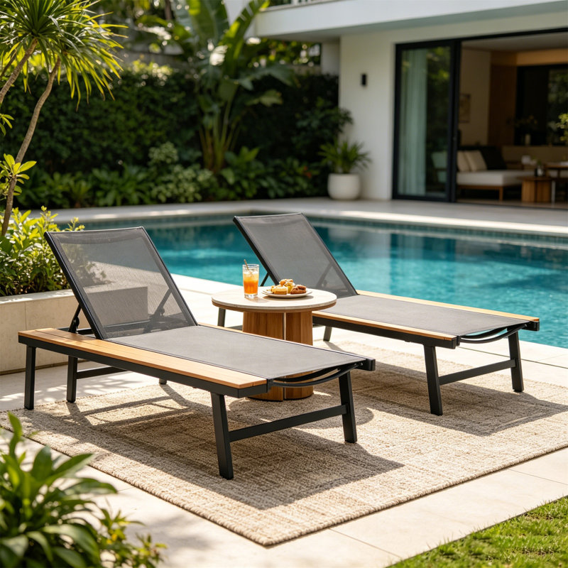 WATERLOO CHAISE LOUNGE WITH ATTACHED WOOD SIDE TABLE, SET OF 2