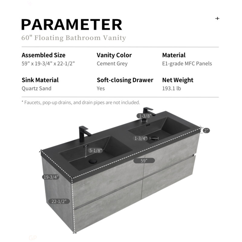 Meuble-lavabo flottant de 60 po avec lavabo, armoire murale avec deux lavabos en quartz noir et quatre tiroirs, 59"