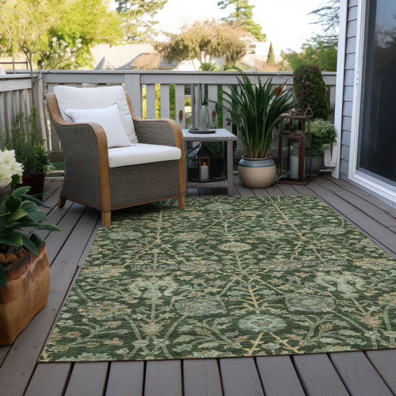 Green Floral Pattern Machine Washable Indoor Outdoor Rug