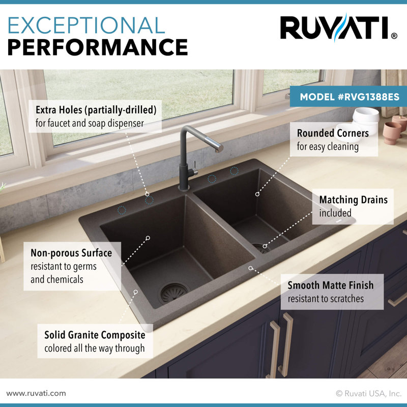 33" L x 22" W Double Basin Dual Mount Kitchen Sink, Espresso/Coffee Brown