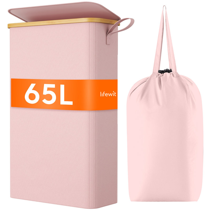 65l Slim Laundry Hamper With Lid, Narrow Laundry Basket With Removable Bag & Bamboo Handles, Fodable Thin Dirty Clothes Hamper For Laundry Collapsible Bin For Bathroom Bedroom Dorm