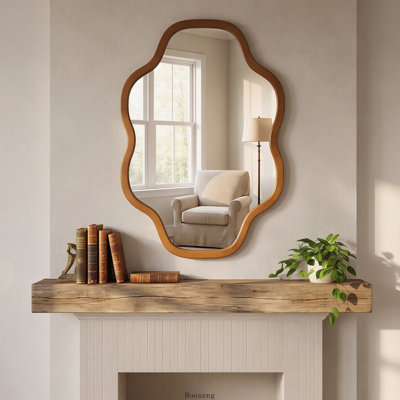 20"x30" Cloud‑Shaped Solid Wood Decorative Mirror, Black‑Walnut Irregular Wooden‑Frame Accent Mirror, Rustic Farmhouse Mirror for Bathroom, Entryway & Living Room