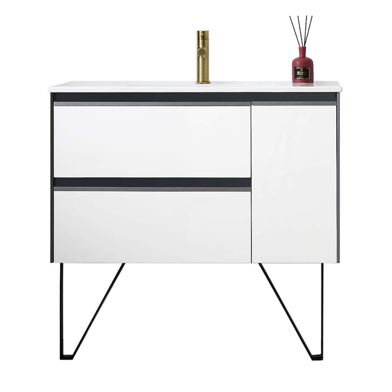Meuble-lavabo simple 36 po avec lavabo mural blanc brillant