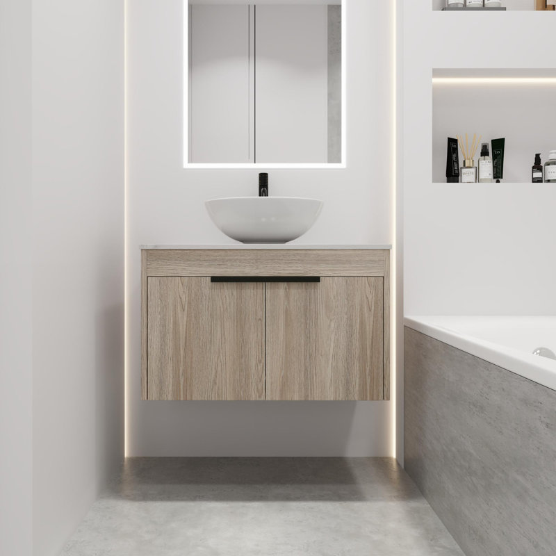 Meuble-lavabo mural de conception moderne avec lavabo en céramique et porte à fermeture en douceur, 29"