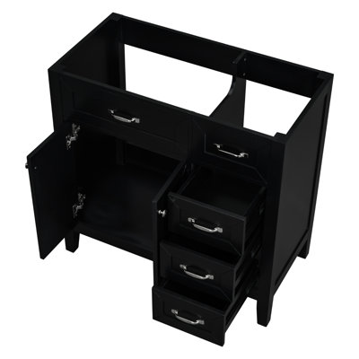 Base de meuble-lavabo 36 po. Noir avec tiroirs. Bois massif et matériau. Résistant aux taches d'eau. Assemblage requis sans évier. Base d'armoire fabriquée à partir d'une armoire longue durée.