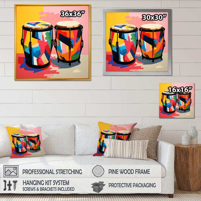 «Mexico Drums Music Instruments III - Fruits», art mural, Cadre doré simple, H 30 po x l 30 po x P 1,5 po