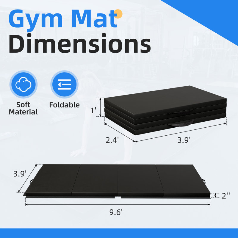 Tapis de gymnastique de 4 pi x 10 pi x 2 po avec poignées de transport et tapis de gymnastique à verrouillage, Noir