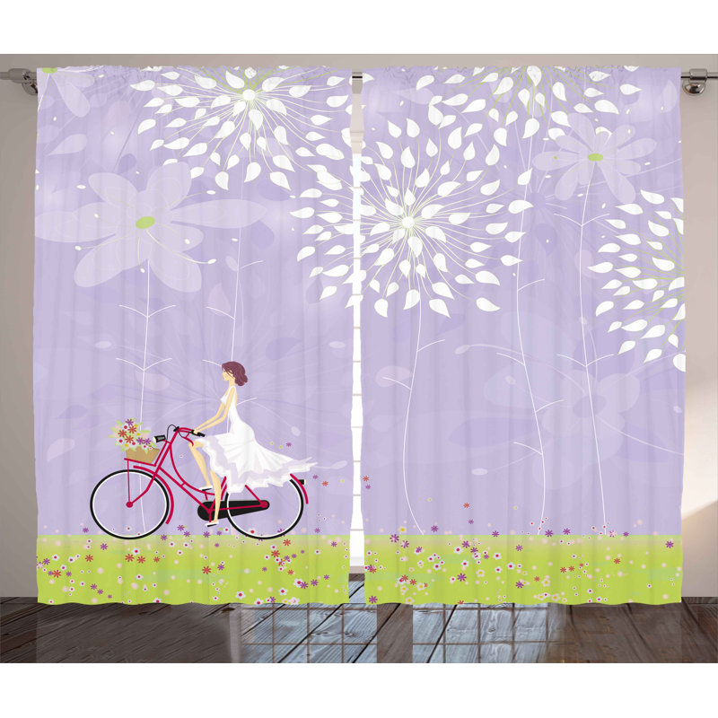 Girl Riding Bike Graphic Print Semi-Sheer Rod Pocket Curtain Panels, 54" W x 90" L