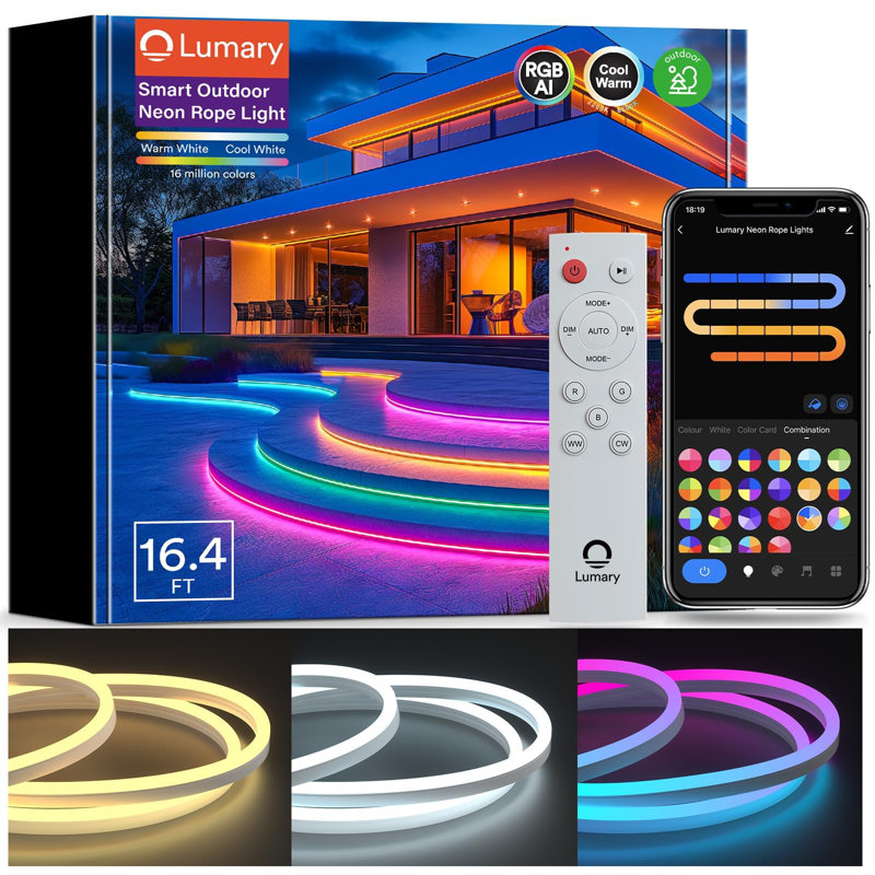 Lumary 16.4Ft Smart Neon Rope Light for Outside, RGBAICW Flexible Color Changing Rope Light Waterproof IP65 for Pathway, DIY Scene Mode, RGB&Warm White&Cool White Work with Alexa Google Assistant