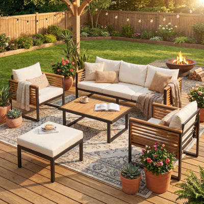Ensemble de meubles en bois d'acacia 5 pièces, canapé pour conversation avec table basse et repose-pieds, ensemble de canapé d'extérieur 3 places pour le jardin