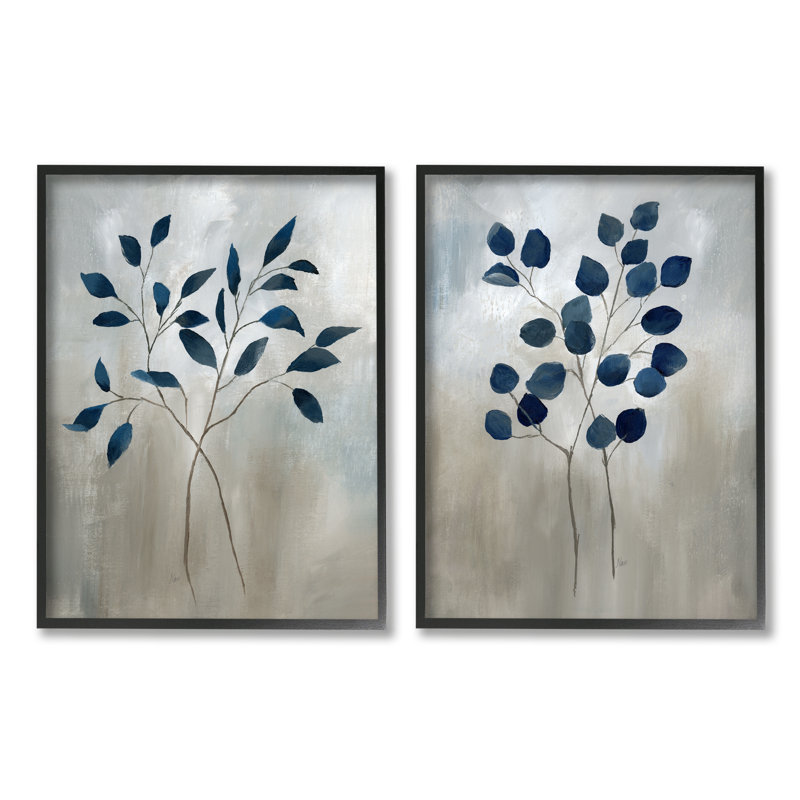 Branches botaniques grises 2 pièces par Nan, H 20 po x l 16 po x P 1,5 po, Giclée encadrée noir minuit