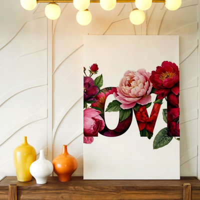 «LOVE Peony», reproduction d'art sur toile, typographie florale rose rouge pour le salon, la chambre à coucher, le couloir, l'entrée et la galerie, décoration murale moderne