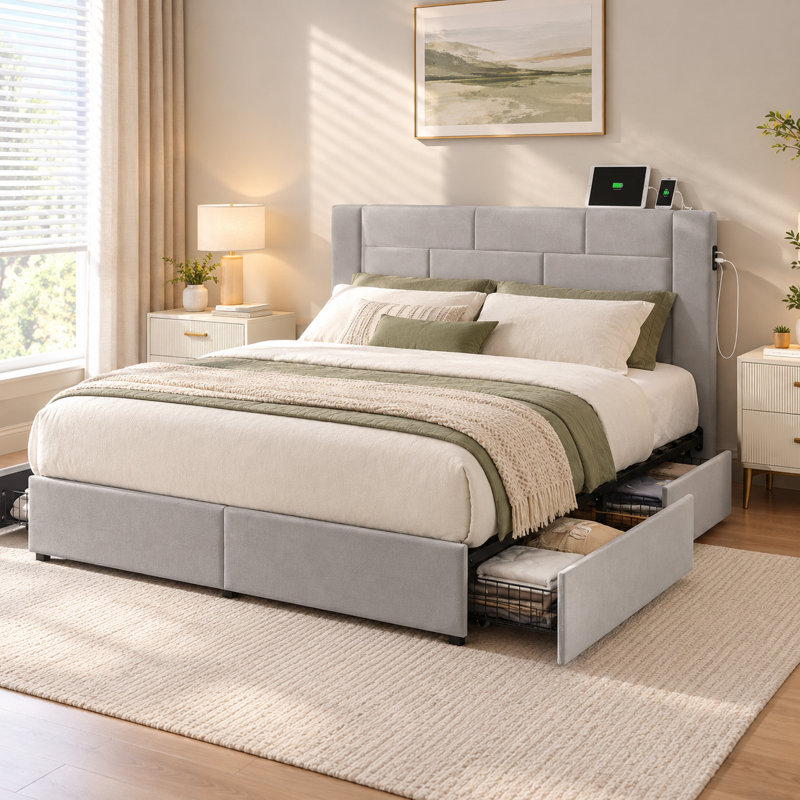 Base de lit double avec 4 tiroirs de rangement et ports USB Denman, Double, Gris clair