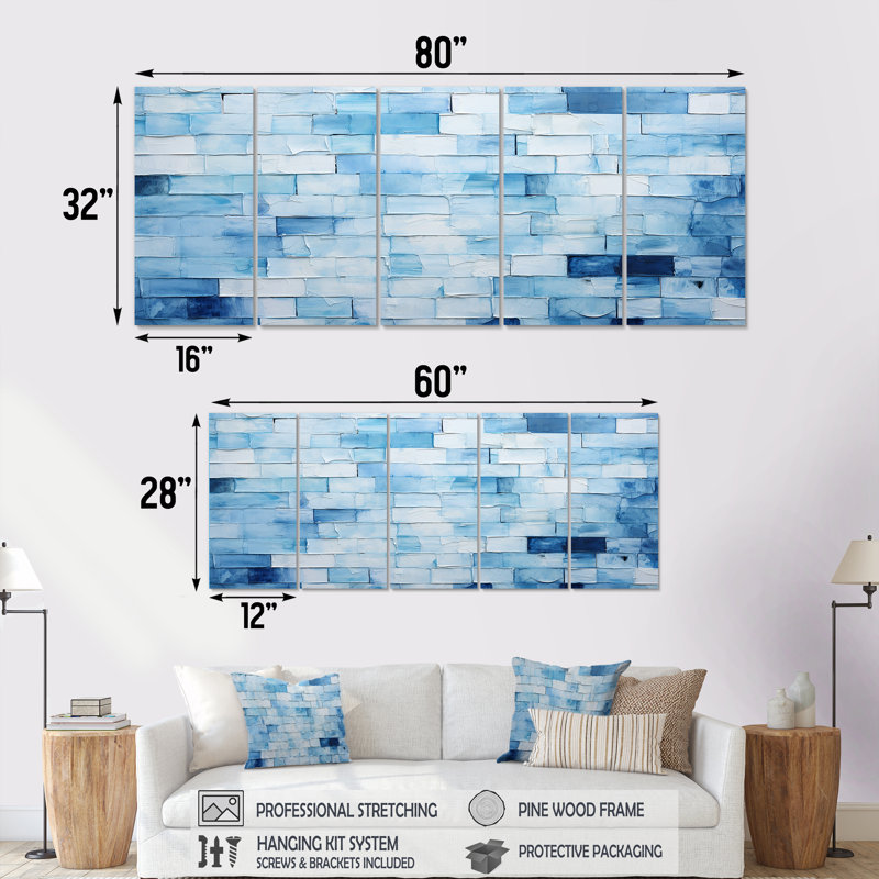 «White and Blue Scandinavian Tiles I - Boho Mosaic», art mural 5 pièces, H 28 po x l 60 po