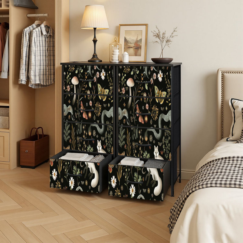 4 Drawer Vertical Storage Dresser Fairy forest Moon stars hare squirrel owl flowers mushrooms with Wood Top &amp; Fabric Pull Drawers