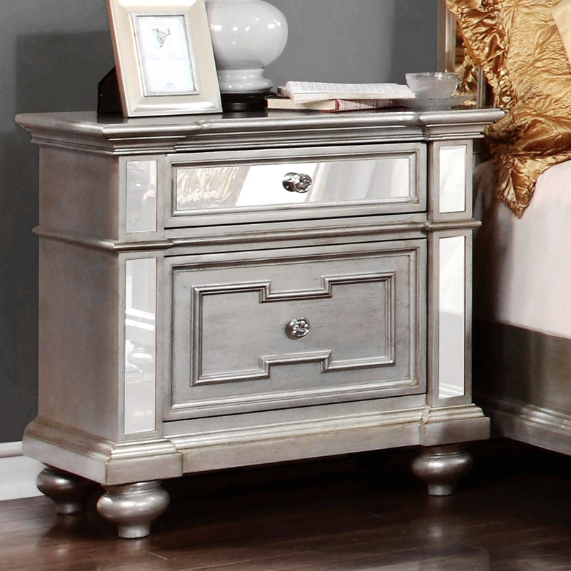 Glam Silver Nightstand – Solid Wood With Mirror Panel Accents, Crystal-Like Acrylic Drawer Pulls, And Bun Feet For Elegant Bedroom Furniture