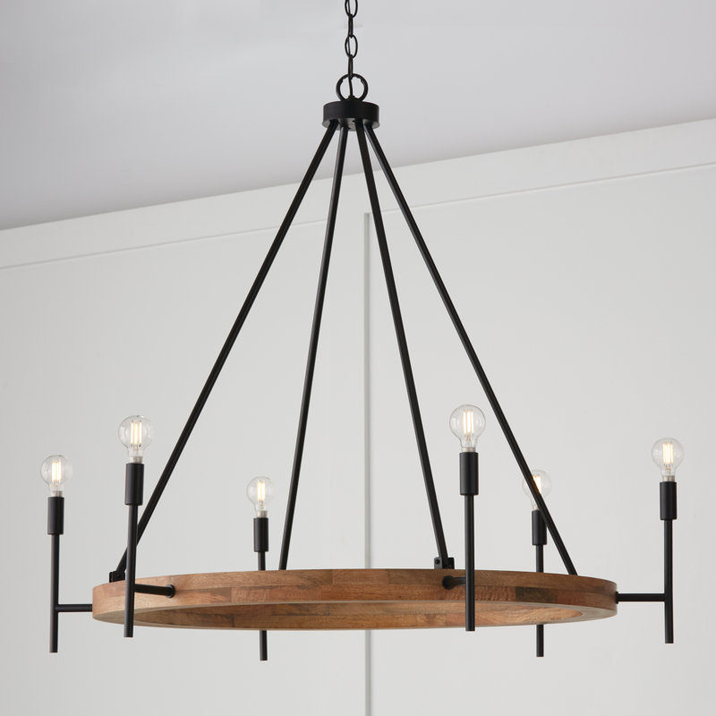 Large Matte Black and Light Wood Chandelier with White Fabric Shades