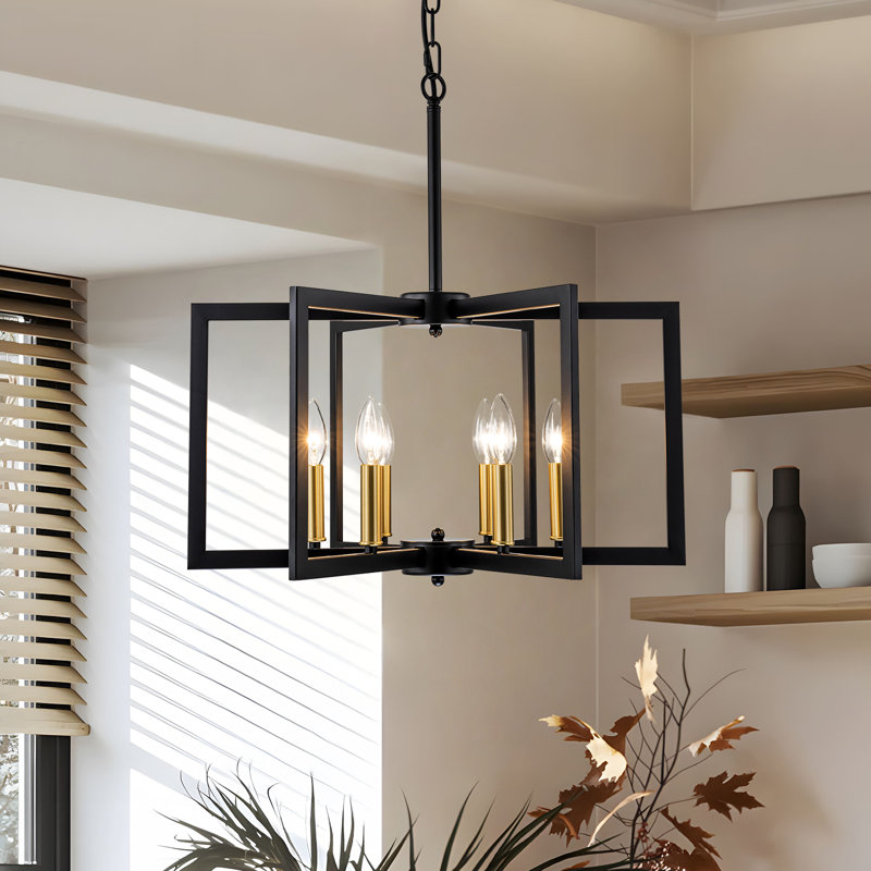 Lustre géométrique de style campagnard 6/8 lumières, Noir mat / Or, H 11,81 po x l 21,65 po x P 21,65 po