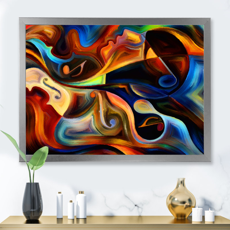 «Blue Orange and Yellow Dynamics on Black», reproduction sur toile, Cadre photo argenté, H 34 po x l 44 po